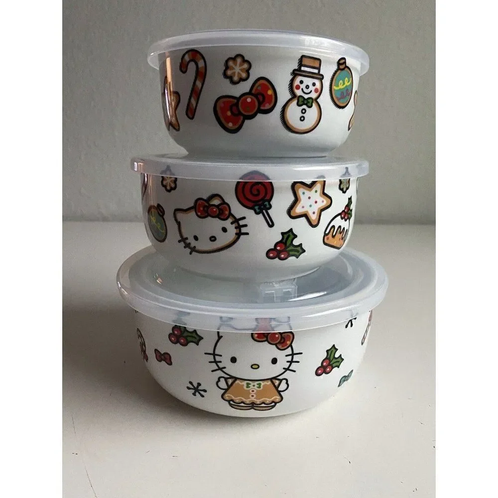 Set Of 3 Hello Kitty Christmas Pressure Lid Ceramic Food Storage Bowls Container